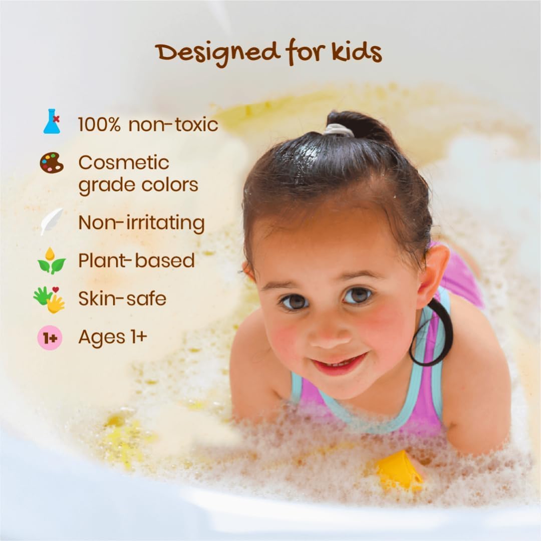 Toddler playing with colorful bubbles in a bathtub