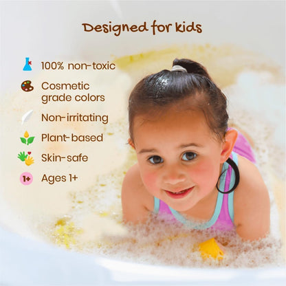 Toddler playing with colorful bubbles in a bathtub