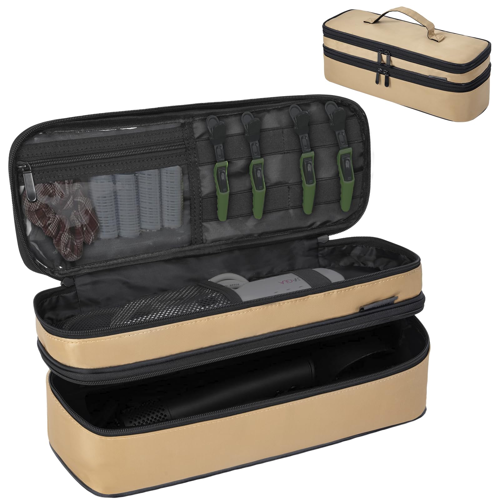 OUUTMEE portable storage organizer bag with top compartment open displaying elastic loops and clear zipper pocket
