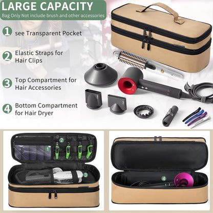 OUUTMEE hair dryer travel case showing bottom layer holding a large hot air volumizer brush safely