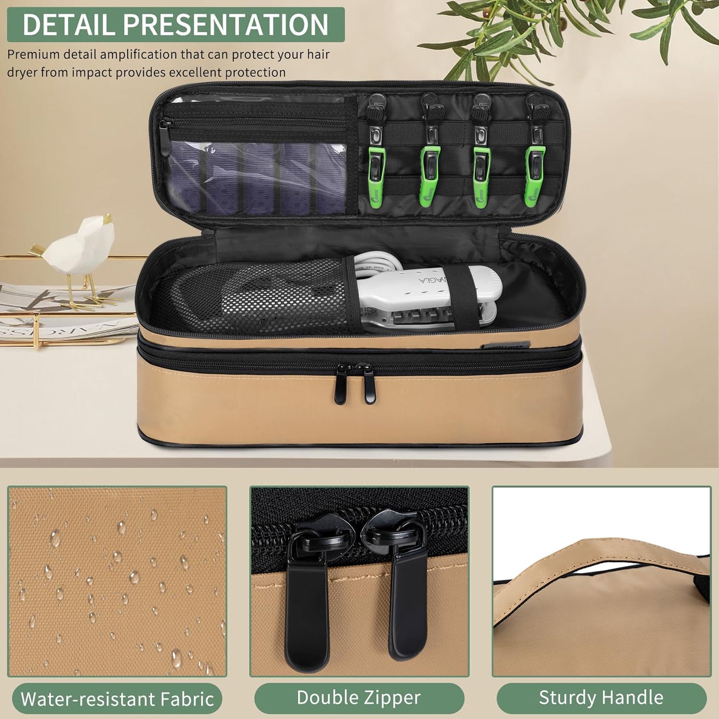OUUTMEE travel pouch side angle highlighting the dual zippers and water repellent fabric construction