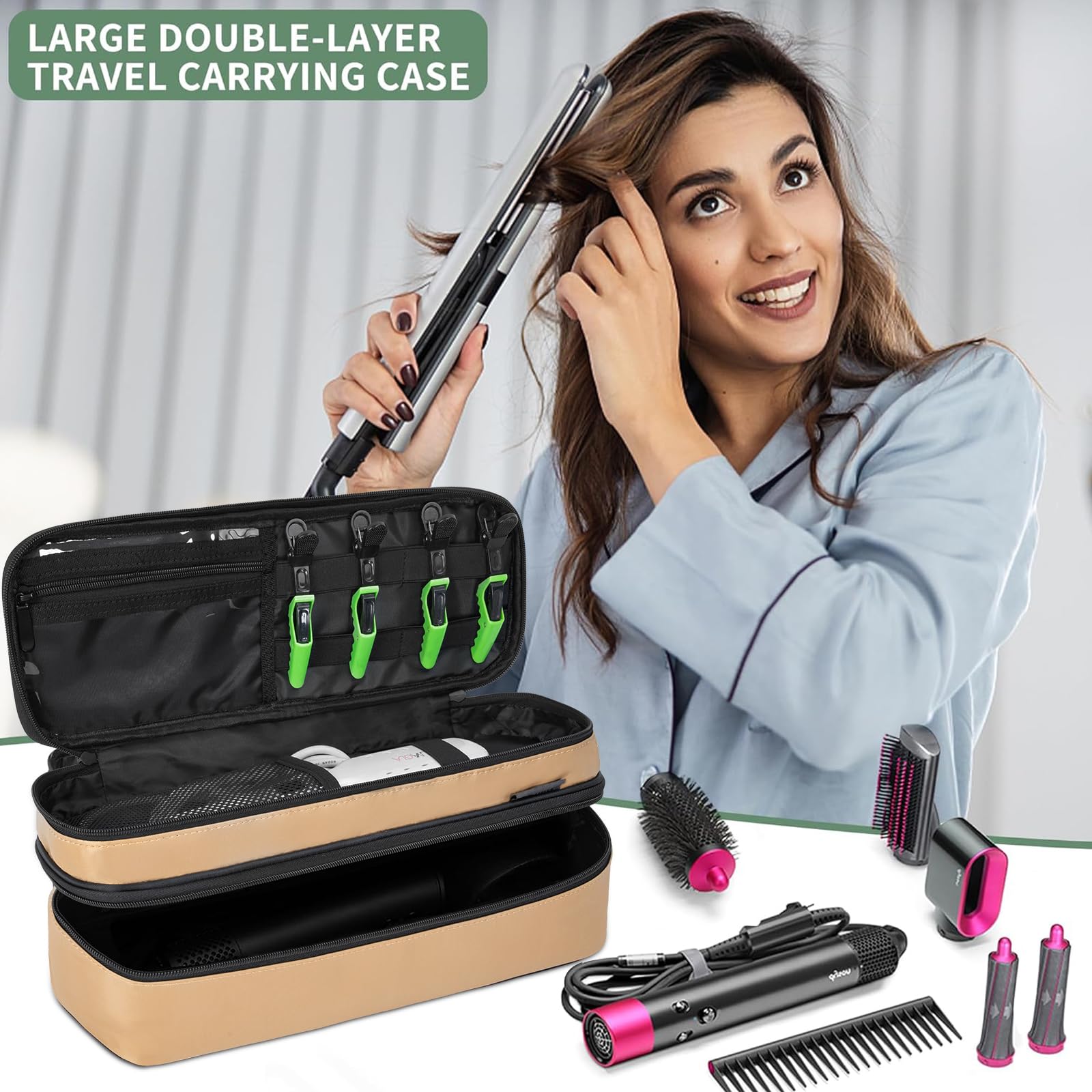 OUUTMEE double layer storage bag loaded with hair styling attachments and styling accessories neatly organized