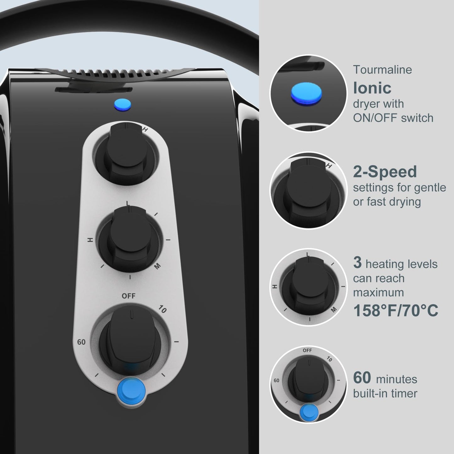 Wall-mounted hooded hair dryer close-up showing adjustable temperature dial and sixty-minute timer panel