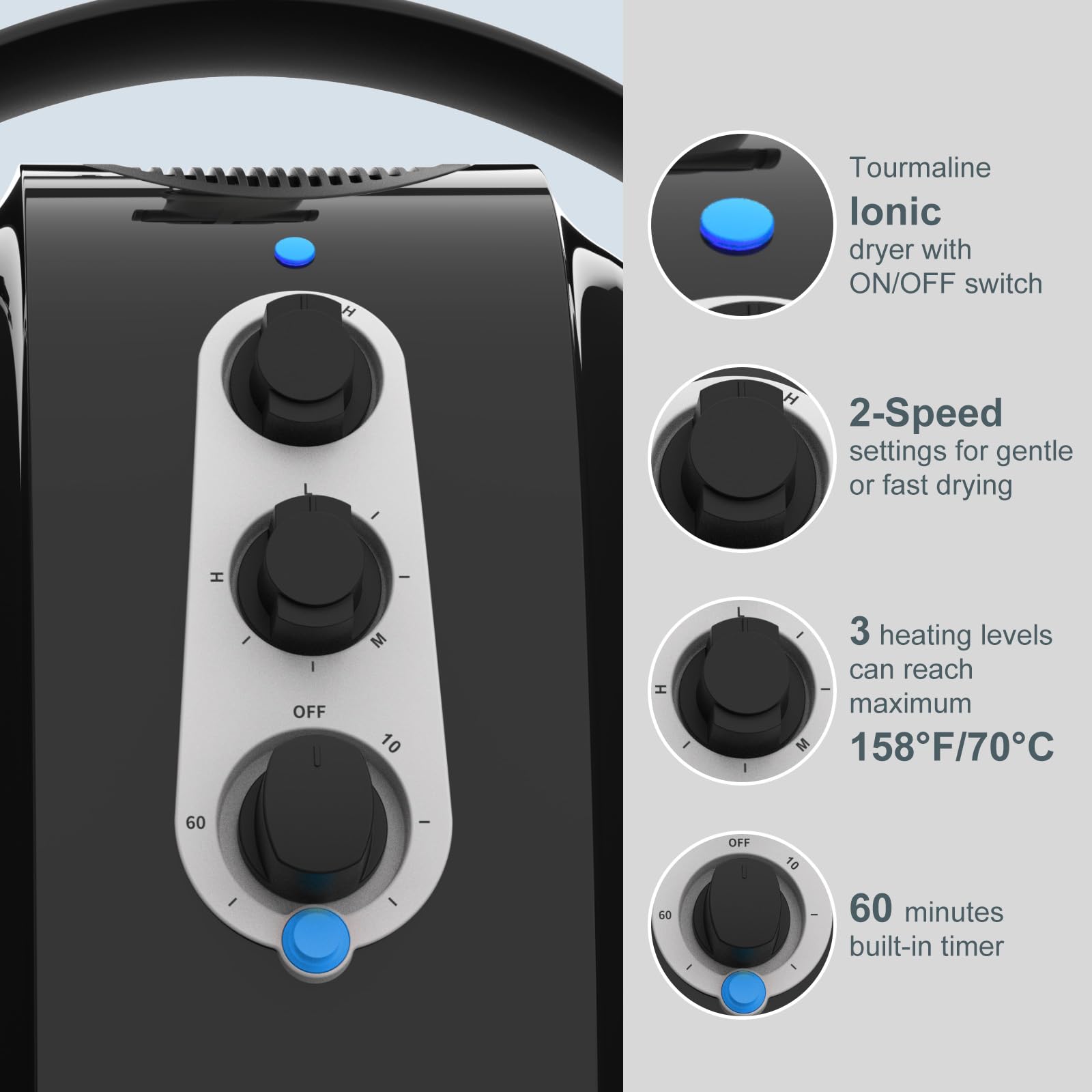 Wall-mounted hooded hair dryer close-up showing adjustable temperature dial and sixty-minute timer panel
