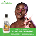 Urban Hydration Peach And Papaya Bubble Bath side profile displaying ingredients and product volume.