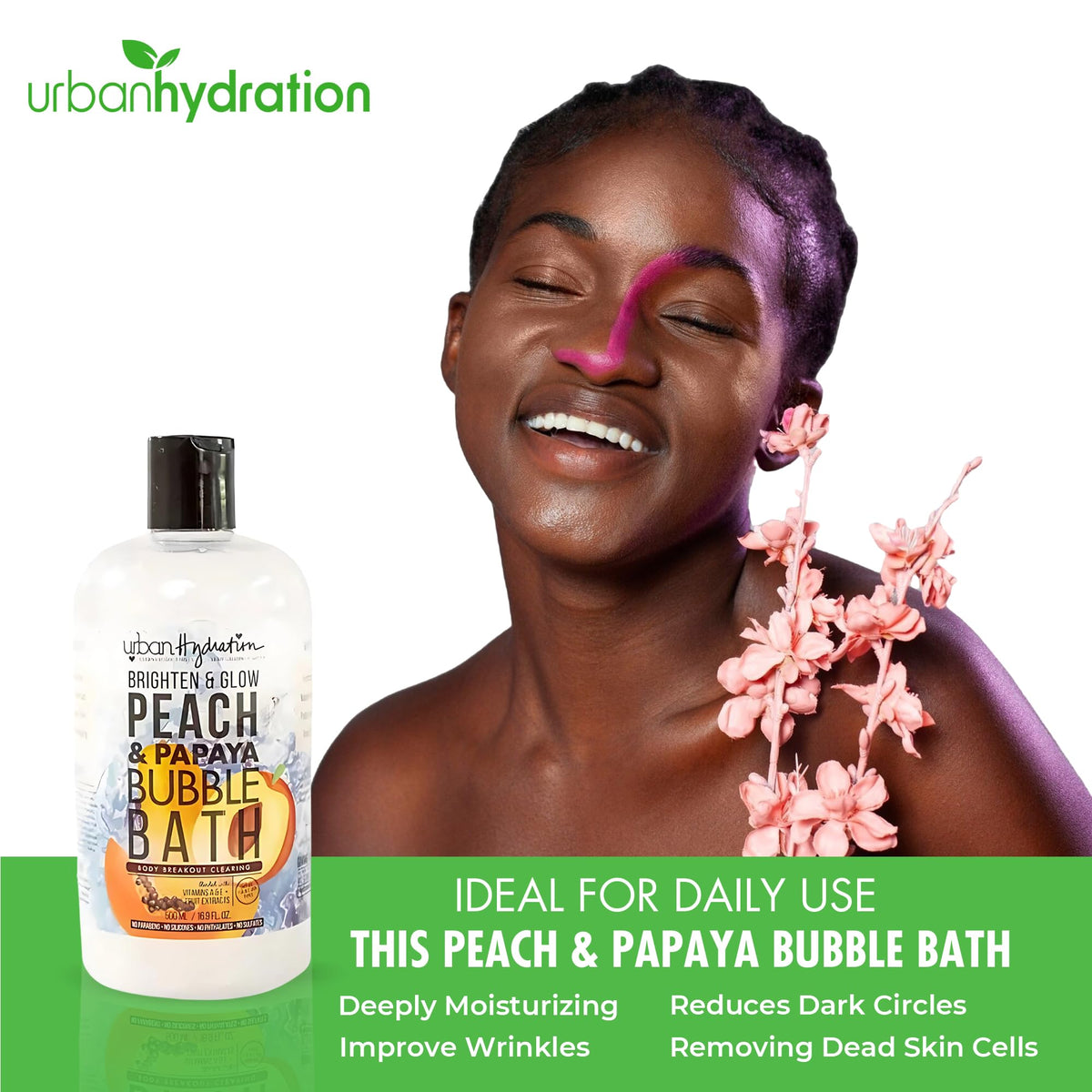 Urban Hydration Peach And Papaya Bubble Bath side profile displaying ingredients and product volume.