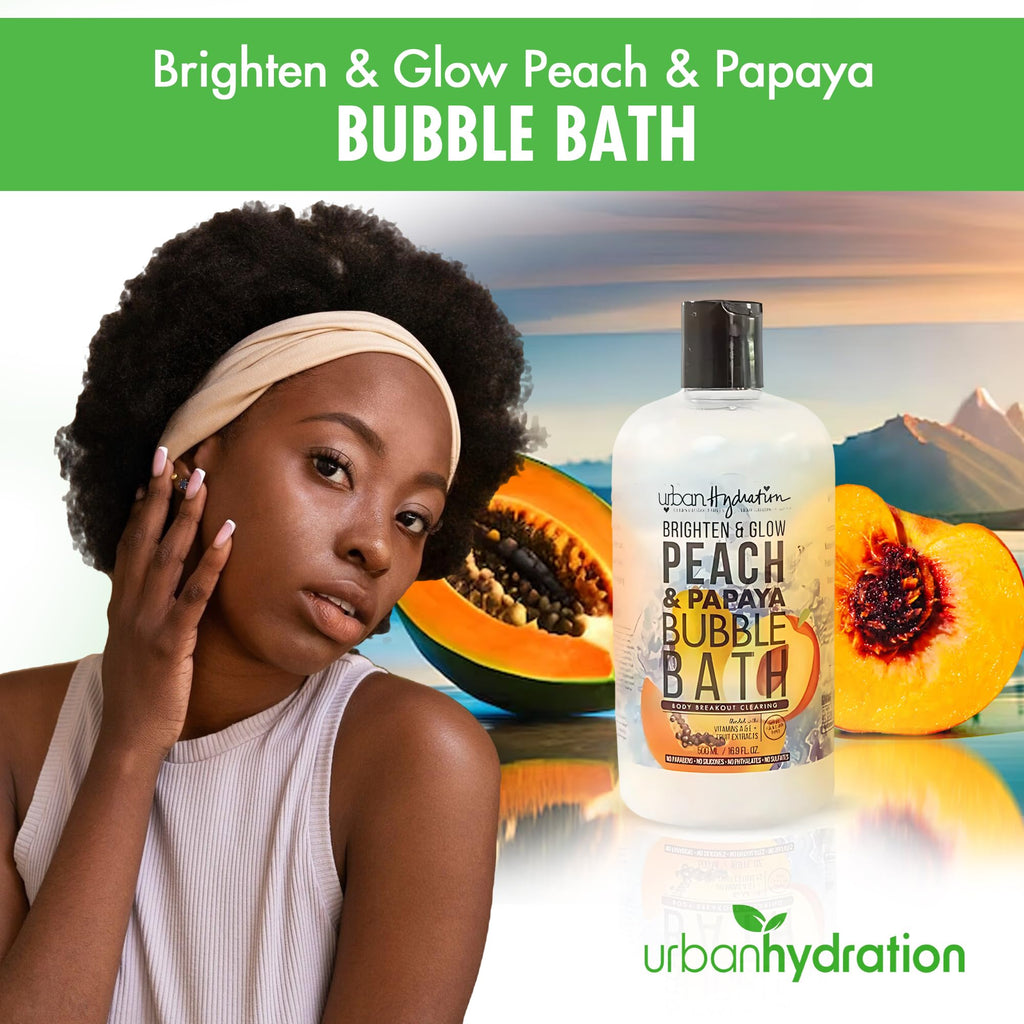 Urban Hydration Peach And Papaya Bubble Bath cap and dispenser pump mechanism close-up view.