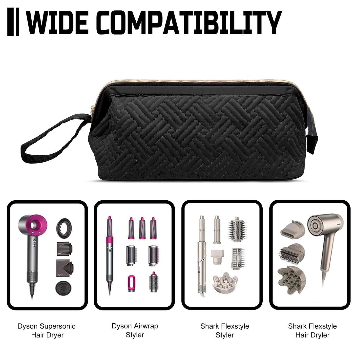 Black quilted premium carrying case open view showing interior compartments for styling attachments