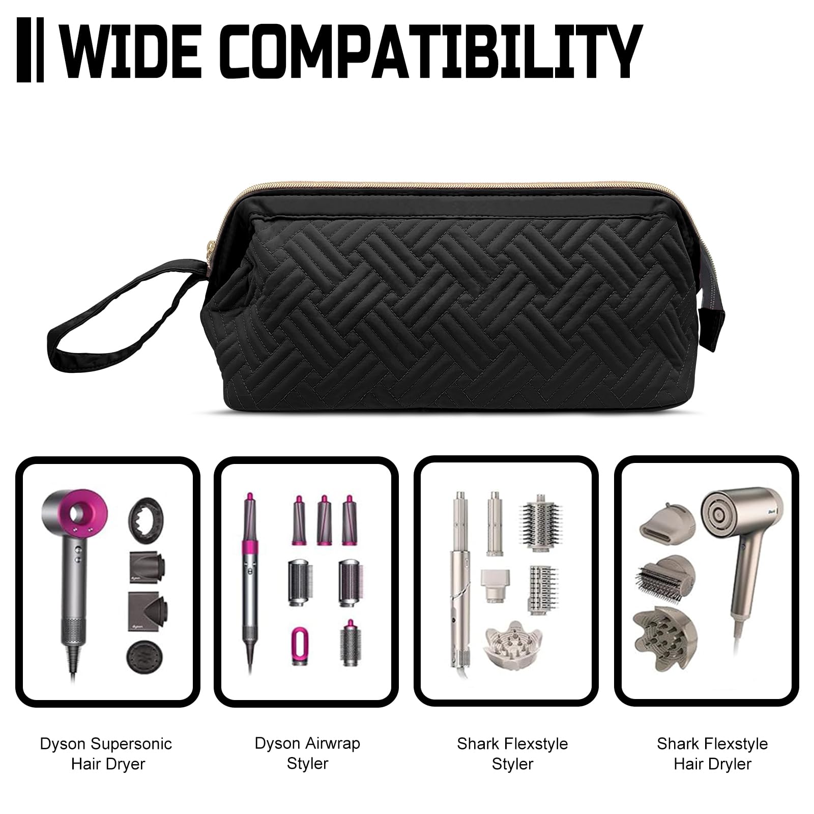 Black quilted premium carrying case open view showing interior compartments for styling attachments