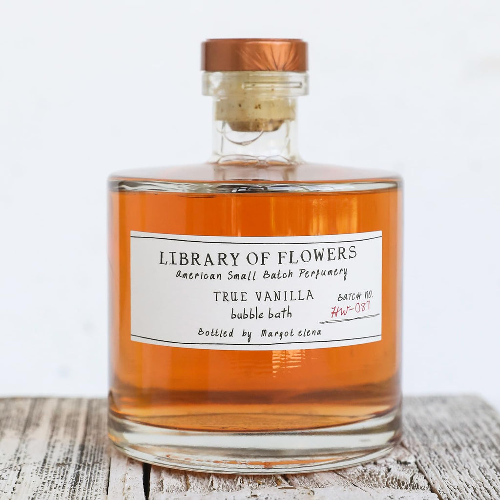 Library of Flowers True Vanilla Bubble Bath label close up