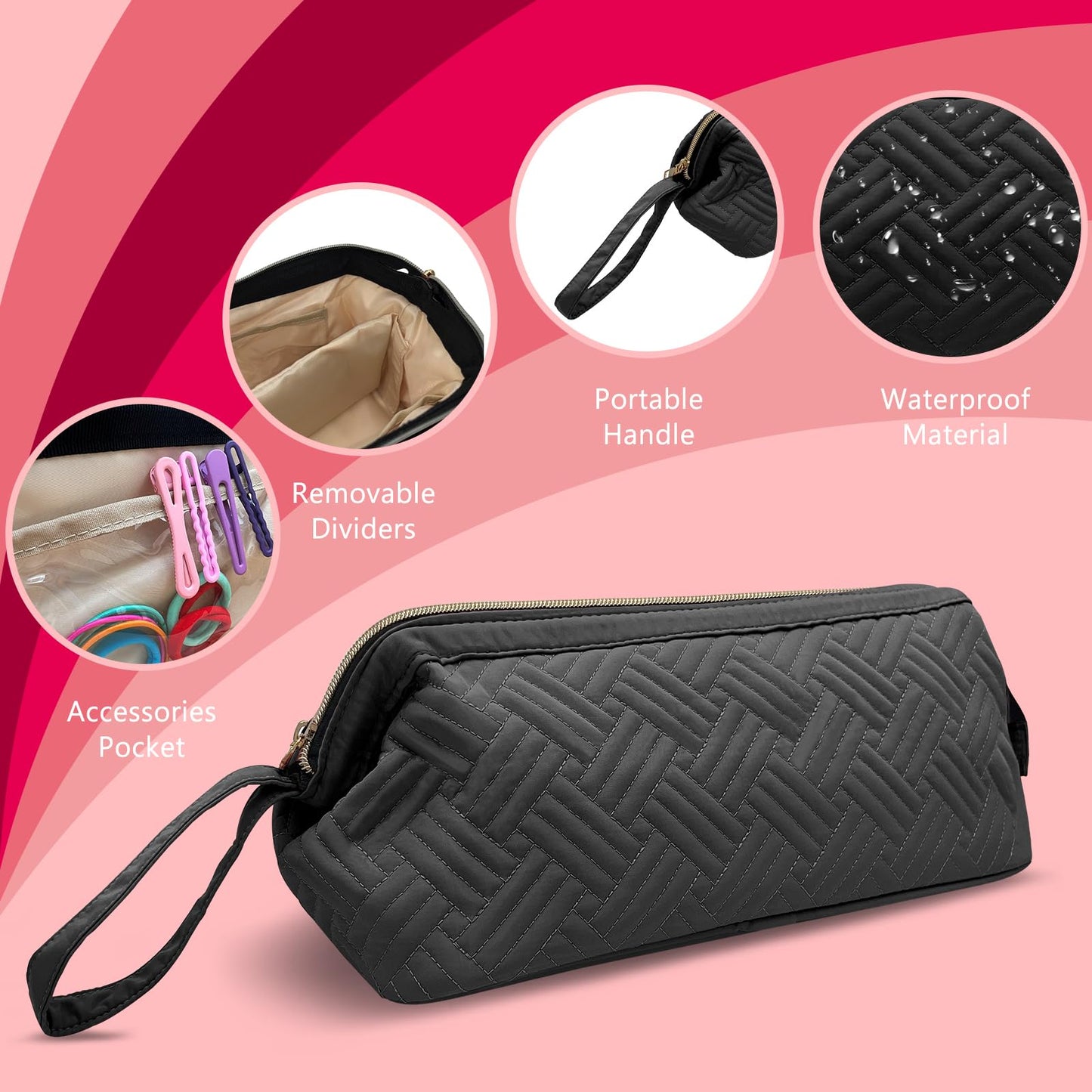 Waterproof hair tool travel bag illustrating water resistance protective feature against bathroom spills