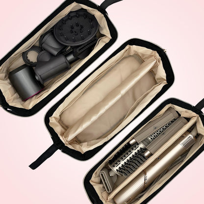Portable hair dryer brush storage bag showing heavy duty zipper closure and compact design