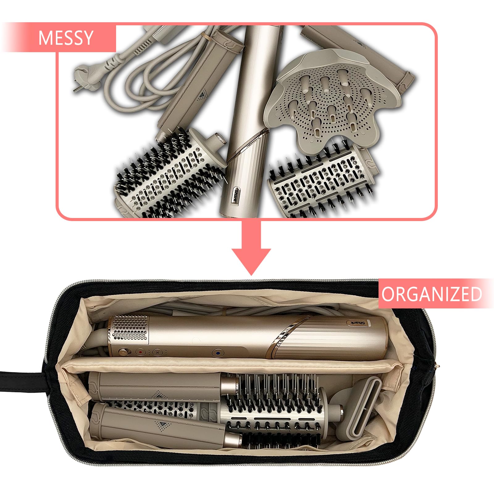 Universal styling tool travel pouch packed with multi styler handle and curling barrels