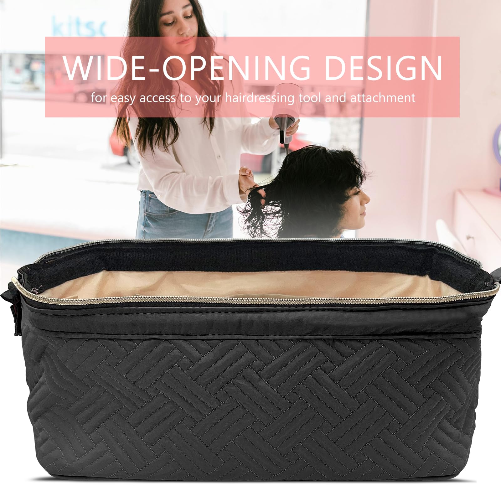 Chelvvg travel organizer case for premium hair tools resting on a suitcase for travel concept