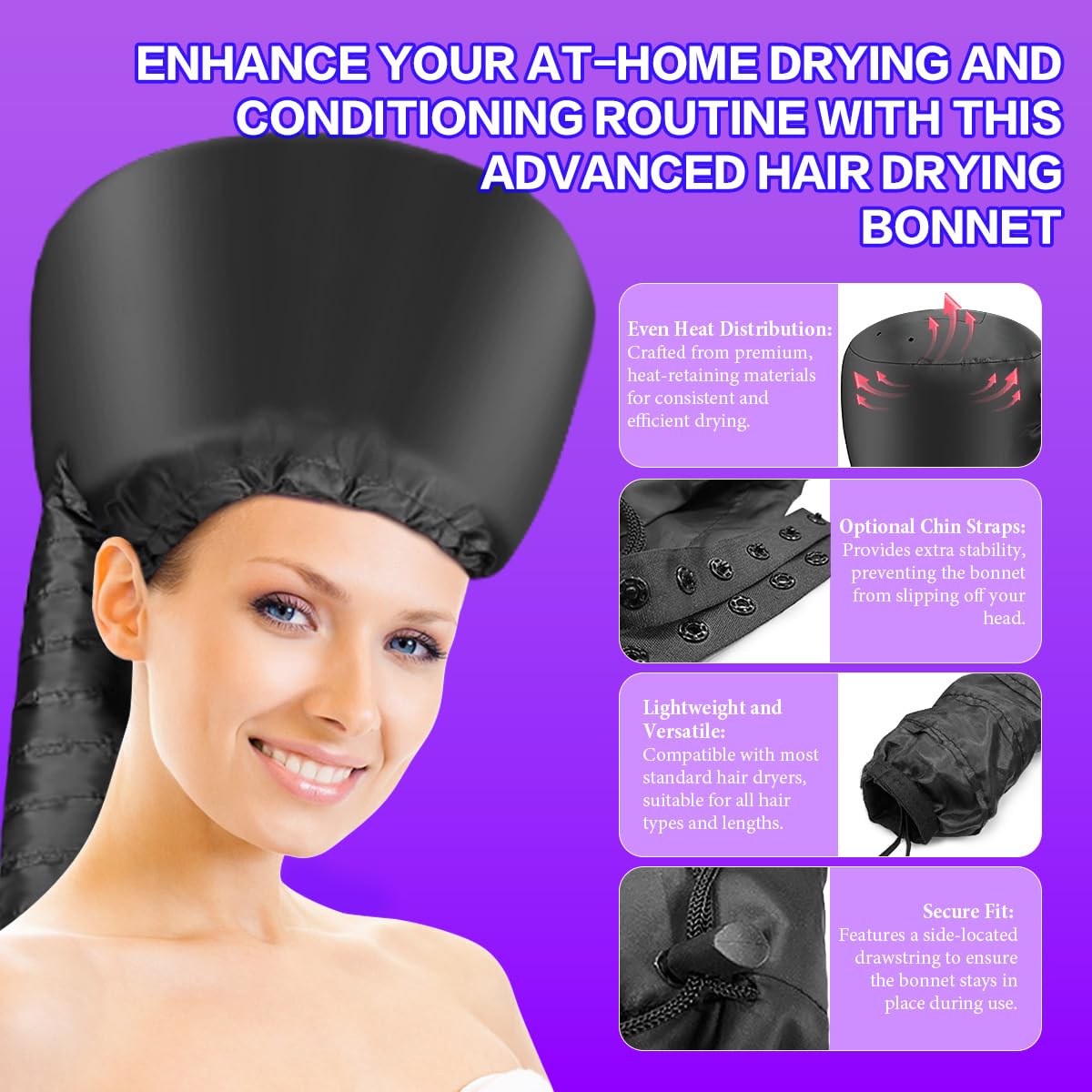 Adjustable drawstring mechanism on the black soft hair drying hood
