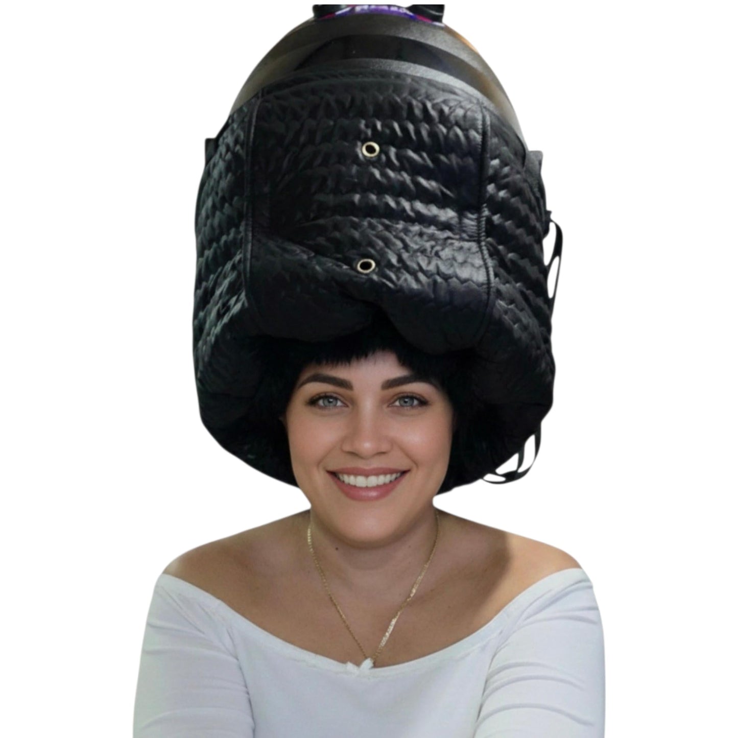 Back view of the Jadash Products hair drying hood demonstrating full head coverage for long hair.