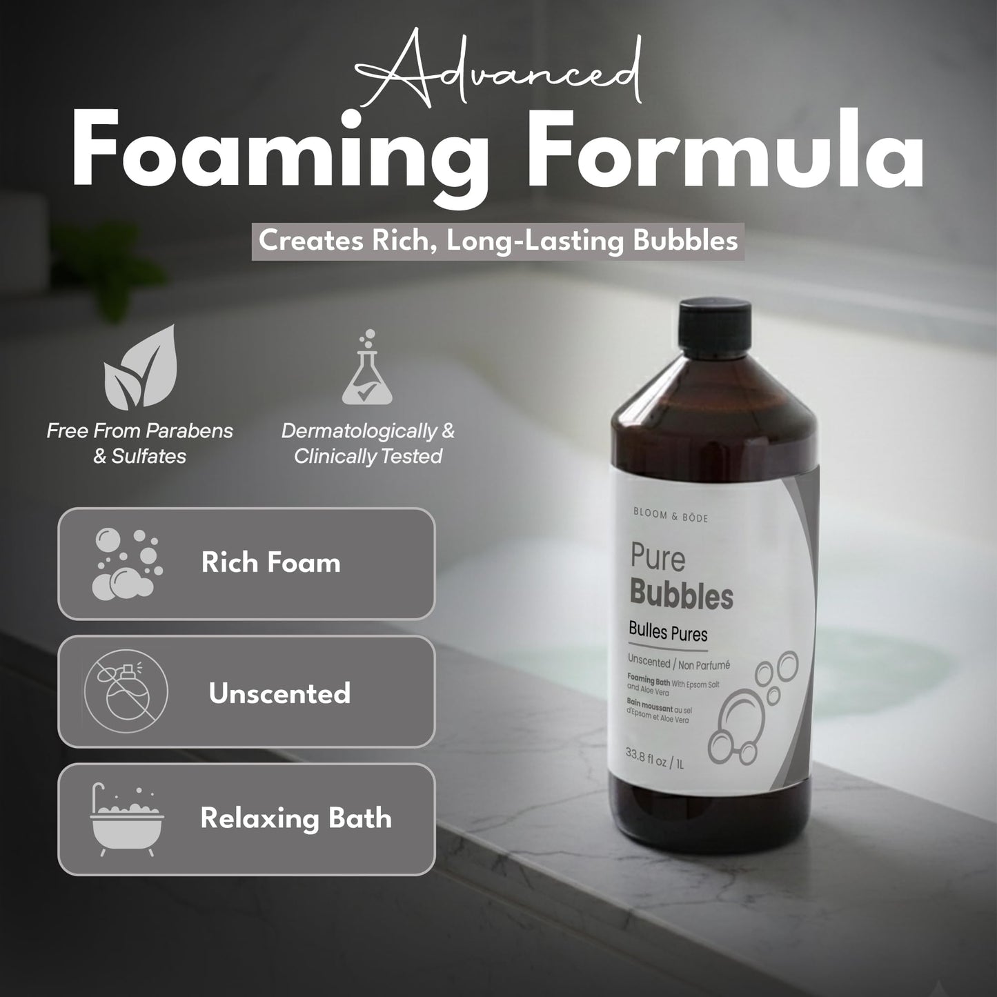 Bloom & Bōde plant-based bubble bath bottle branding