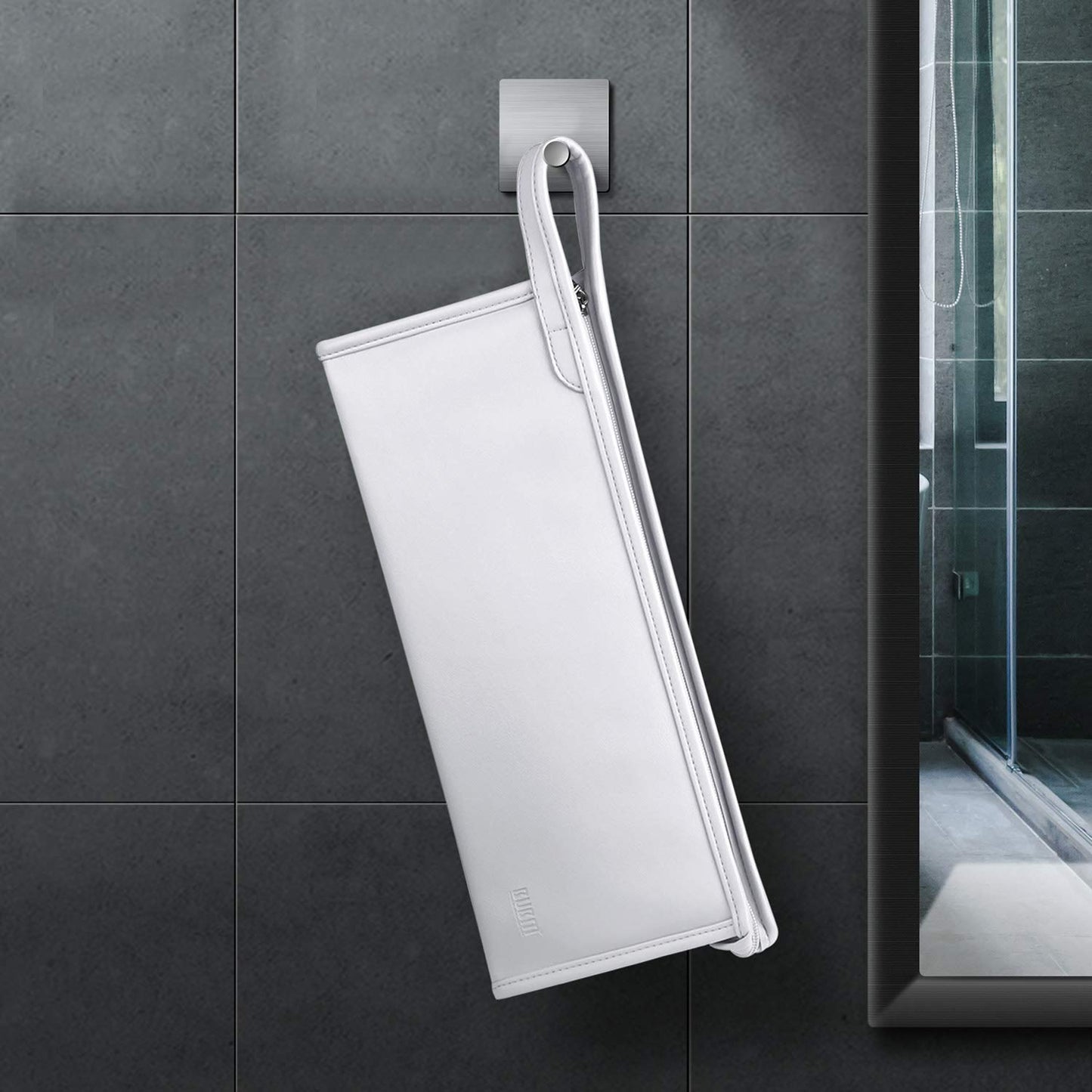 Buwico shockproof cosmetics pouch suspended from a wall hook using the hanging rope
