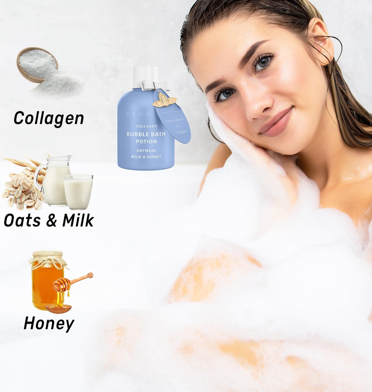 Oatmeal milk and honey bubble bath ingredients label.