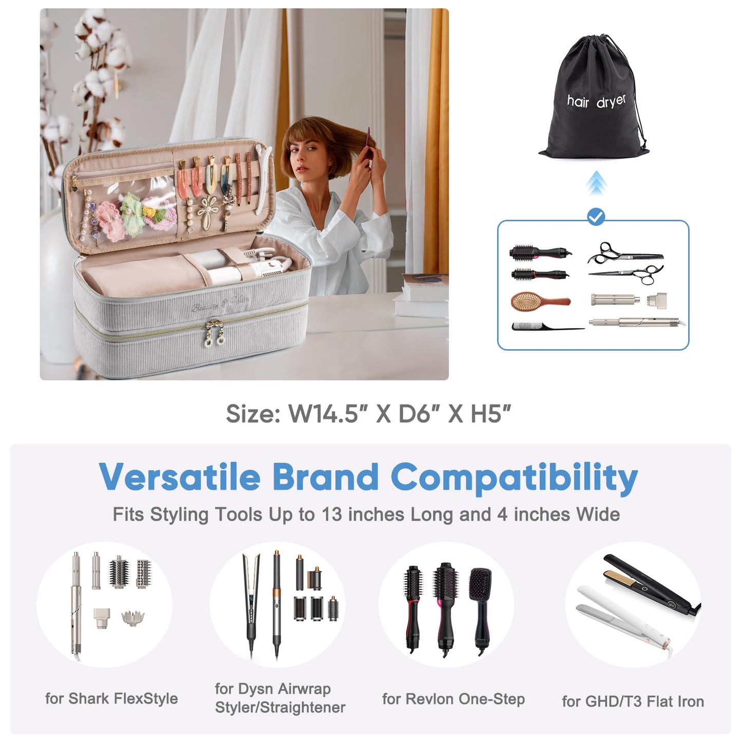ELCUPA travel carrying case customizable bottom layer with detachable dividers storing a multi styler