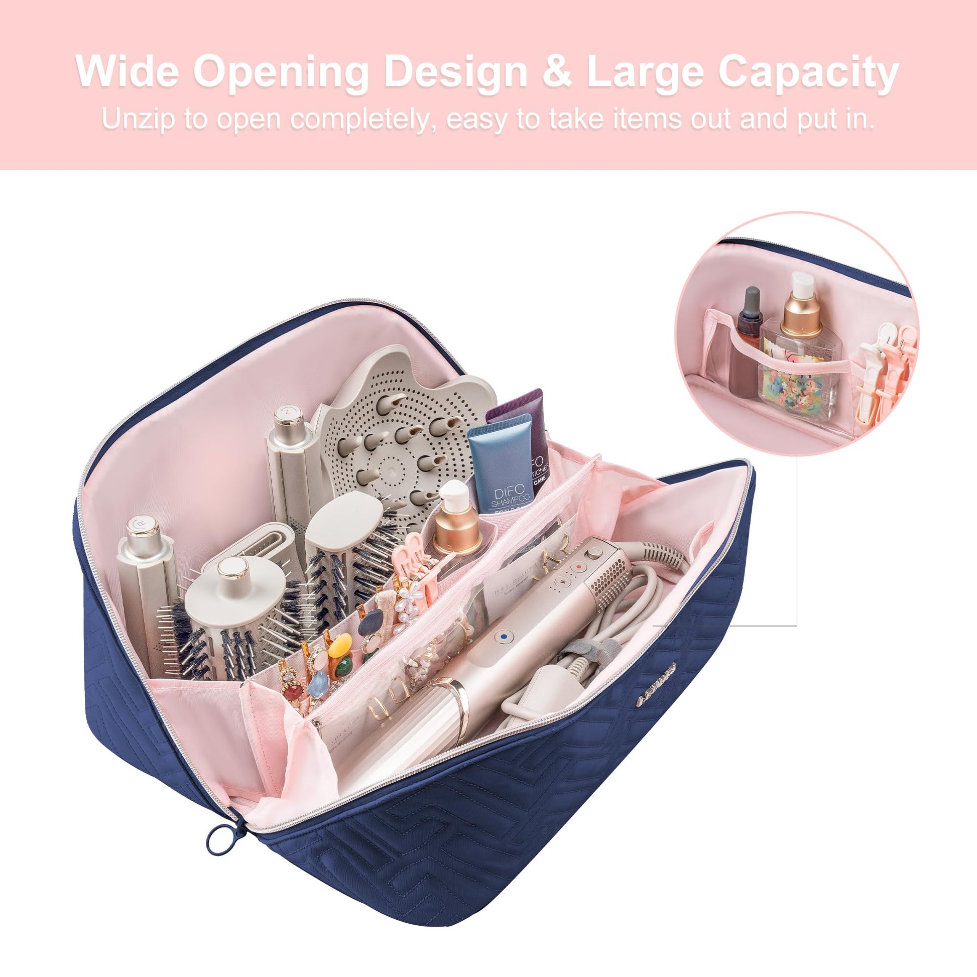 Leudes hair tools travel bag opened flat displaying internal dividers for styling wands