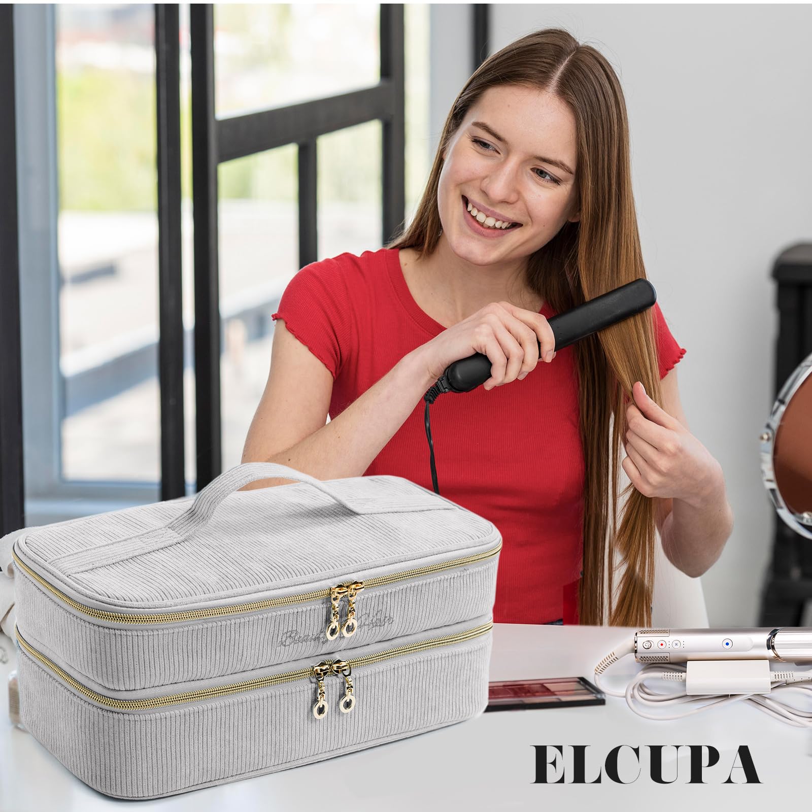 ELCUPA double layer travel organizer bag side view highlighting the compact padded construction