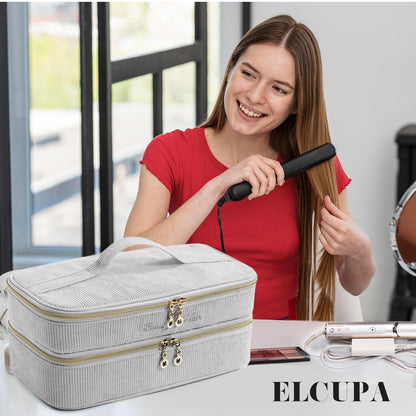 ELCUPA double layer travel organizer bag side view highlighting the compact padded construction
