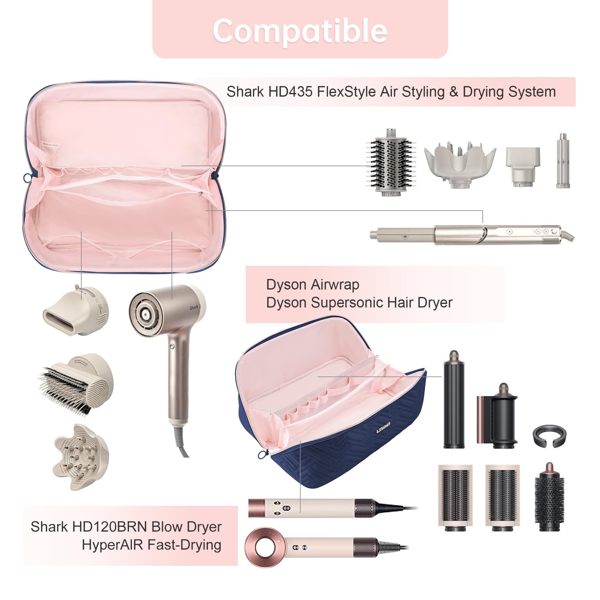Leudes portable hair dryer pouch showing clear internal pockets filled with hair clips