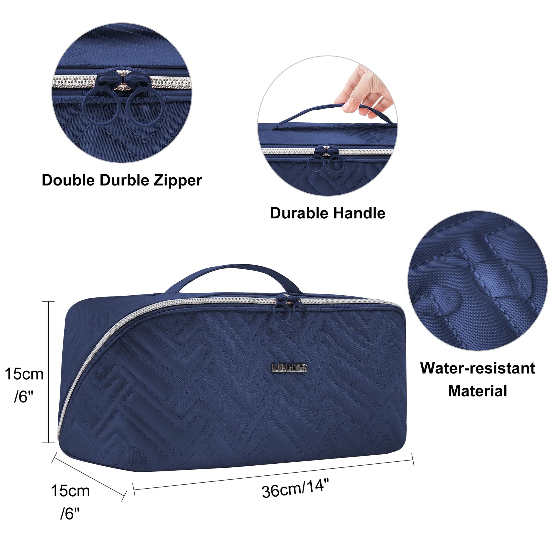 Leudes quilted styling tools organizer side view emphasizing compact travel dimensions