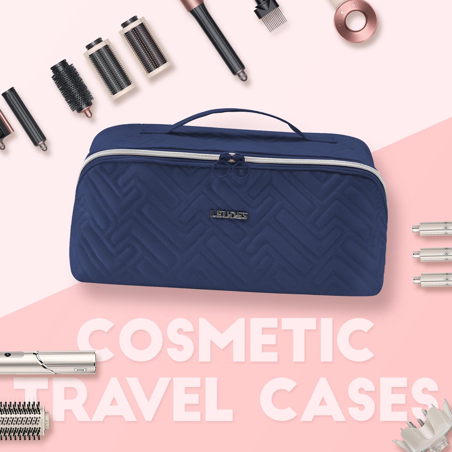 Leudes hair tools travel case closed and held by handle highlighting portability