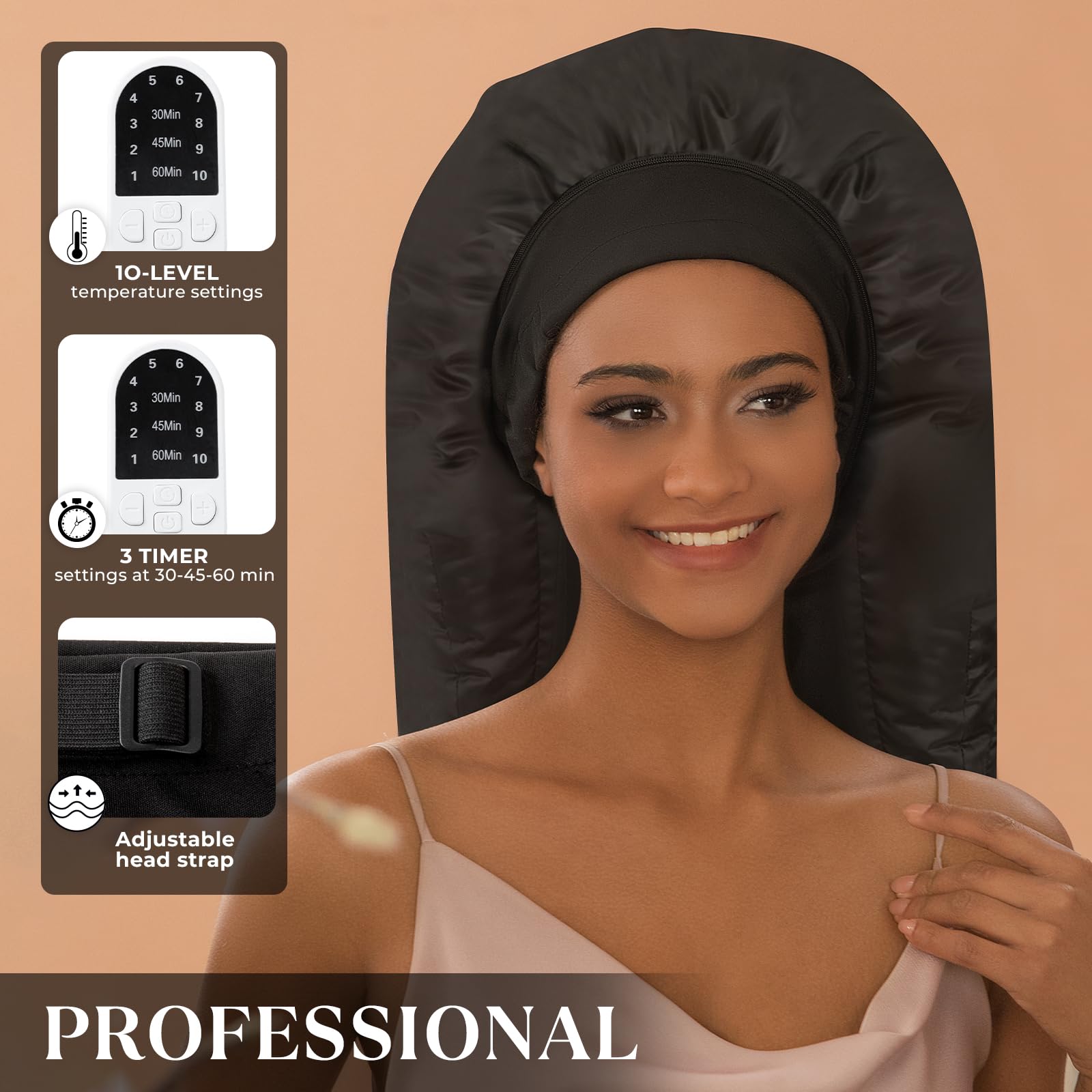 Amzpic thermal steam cap for home hair treatment showing the digital remote with ten temperature levels and timer options