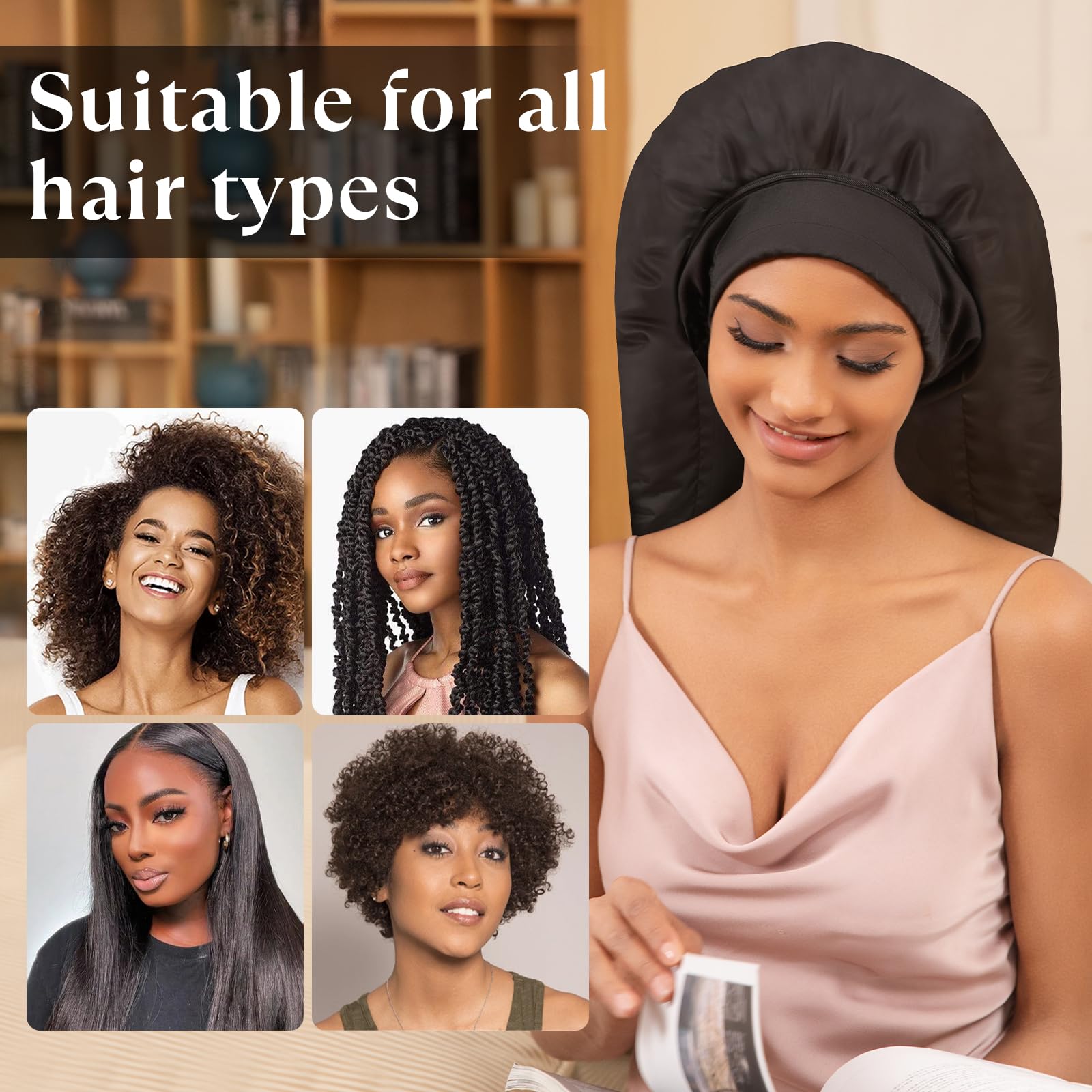 Amzpic deep conditioning heating cap lifestyle view illustrating spacious design for long hair and thick rollers