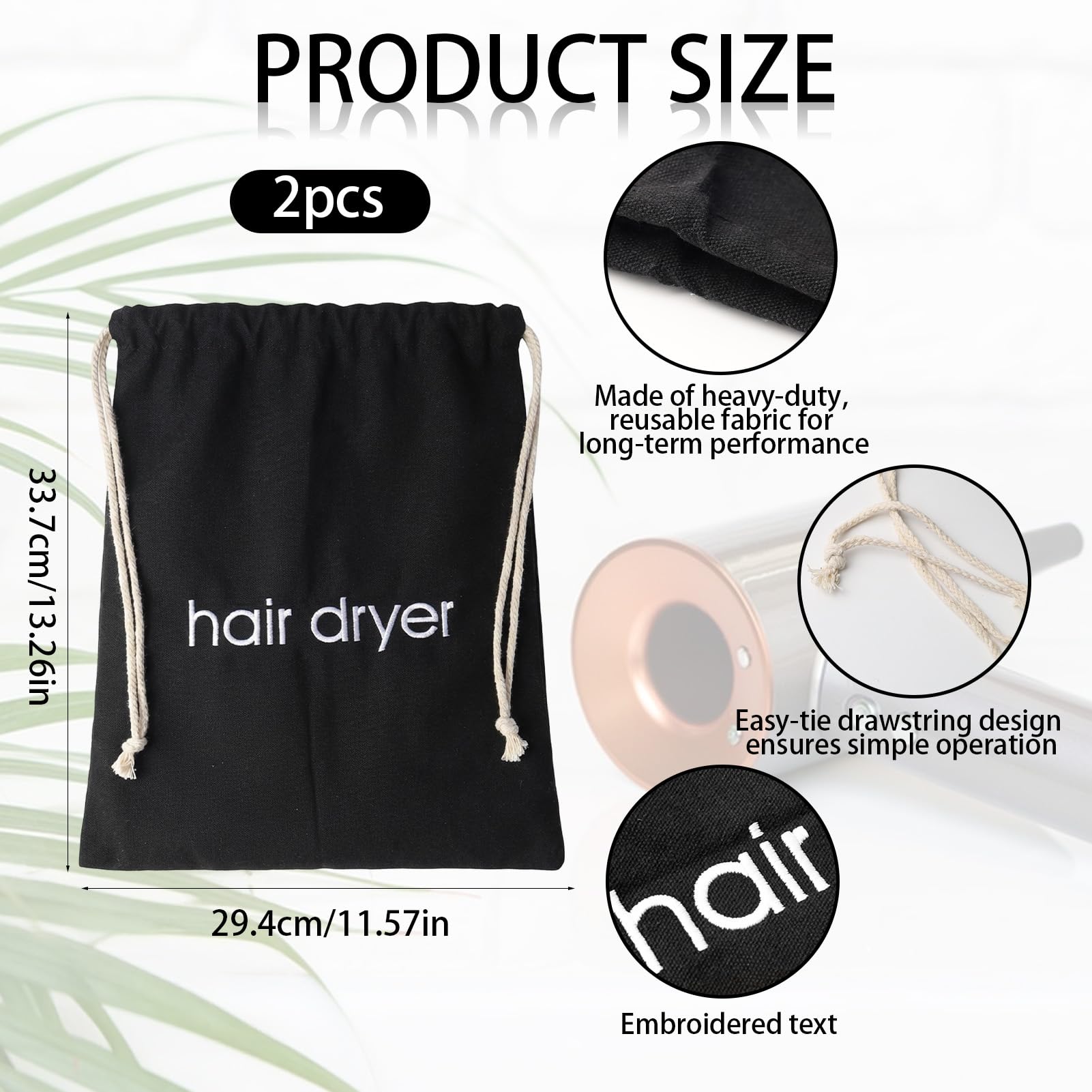 Black and white blow dryer storage container set for travel organization