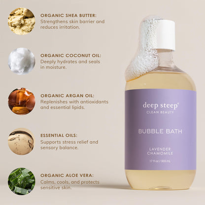 Deep Steep bubble bath packaging highlighting shea butter and argan oil