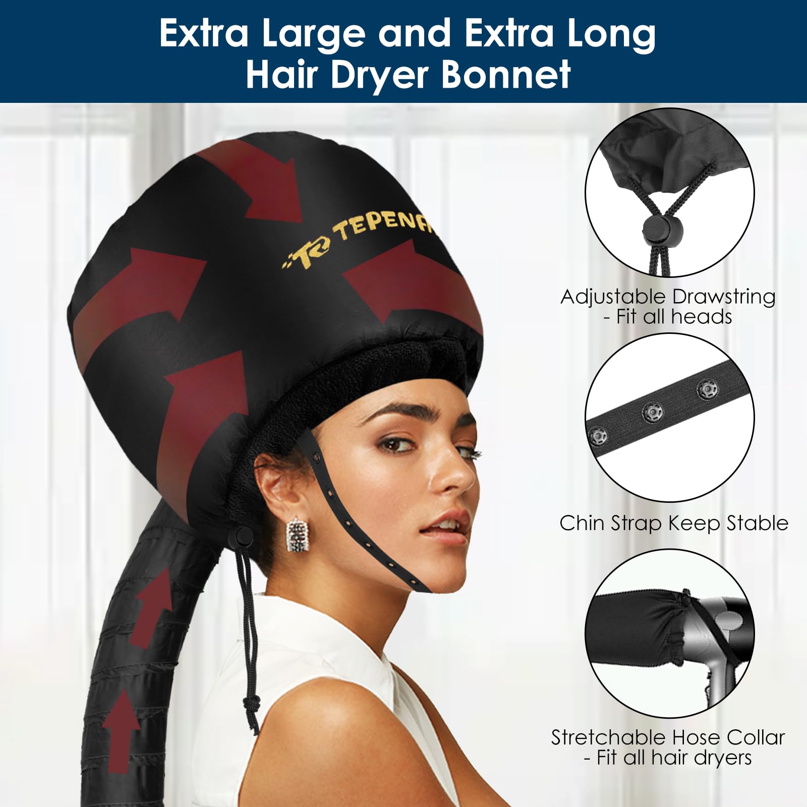 Black soft hooded cap dryer attachment connected to standard blow dryer nozzle