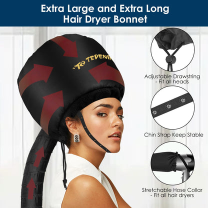 Black soft hooded cap dryer attachment connected to standard blow dryer nozzle