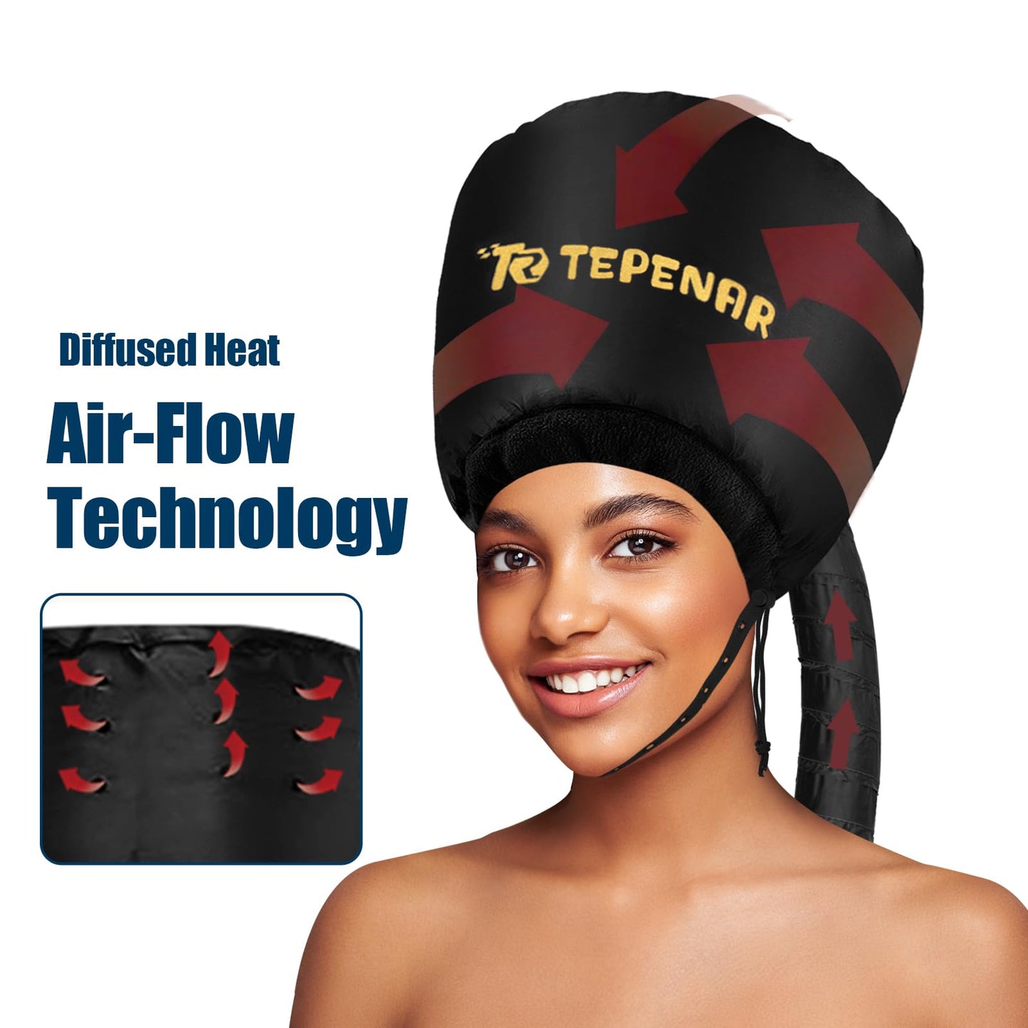 Adjustable chin strap and drawstring closure on TEPENAR hair drying bonnet