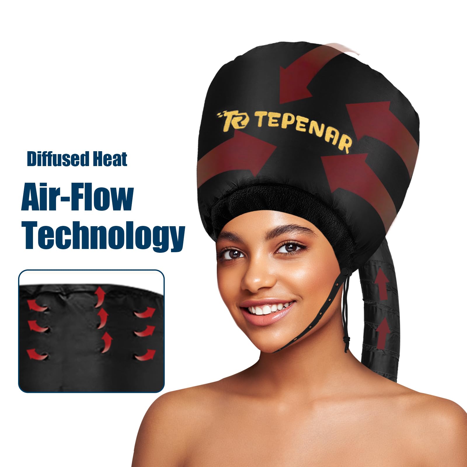 Adjustable chin strap and drawstring closure on TEPENAR hair drying bonnet