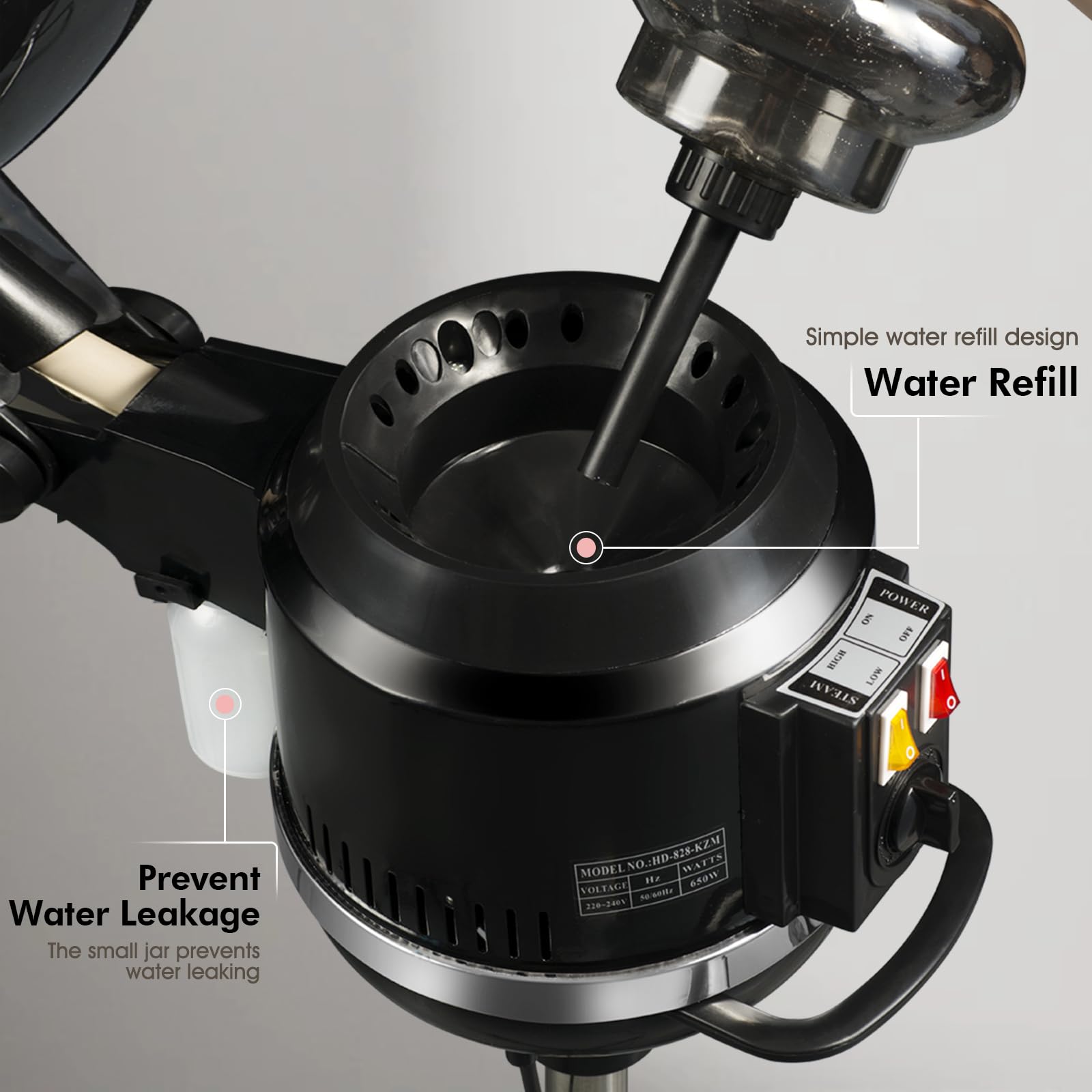 Height adjustable salon hair steamer hood close up showing mechanical timer knob