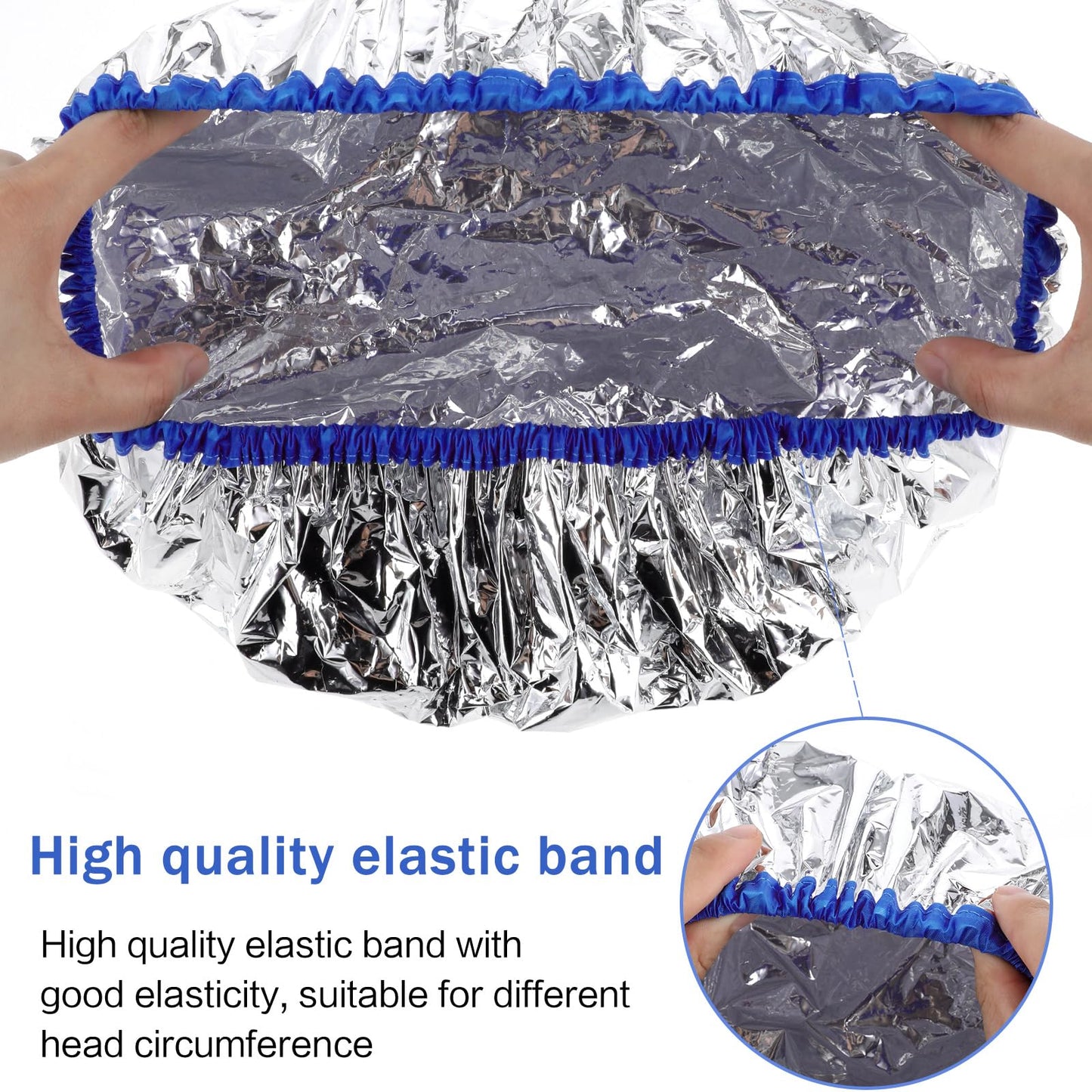 Asofelk thickened shower caps displayed in a pack of four showing both silver and blue variant color options.