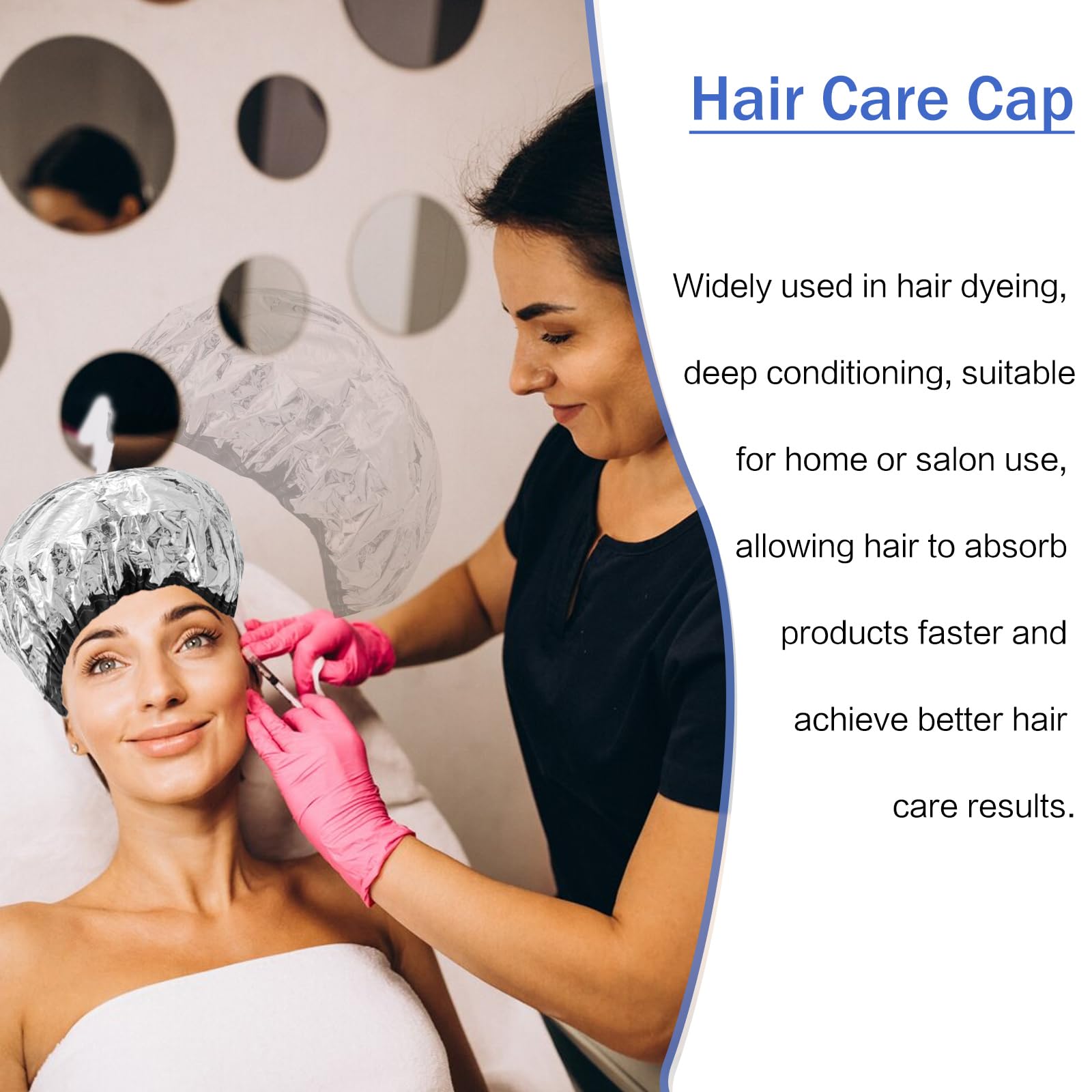 Side view of a person wearing the aluminum thermal hat during a deep conditioning hair mask treatment session.