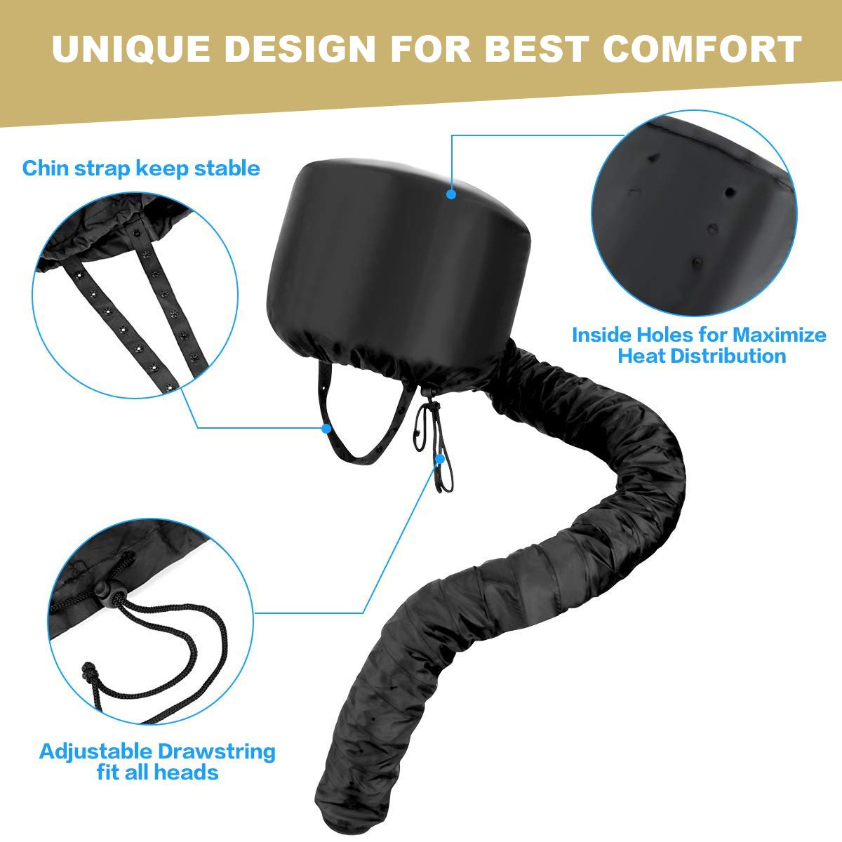 Skywee hooded hair dryer cap showing the adjustable drawstring and secure chin strap mechanism close up