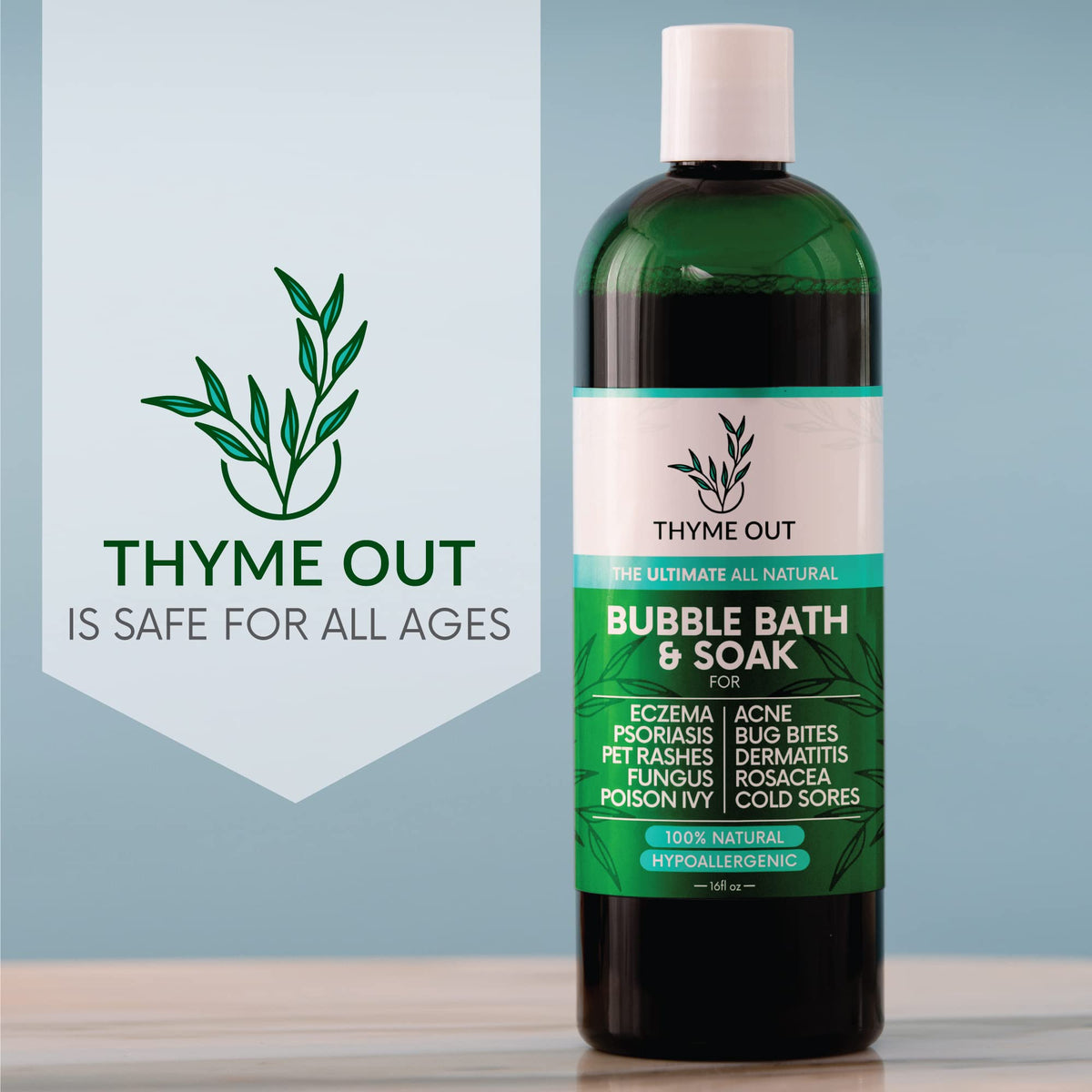 Thyme Out Colloidal Oatmeal bath soak product shown in a lifestyle bathroom setting
