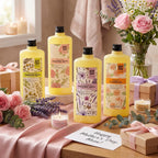 Close up of the four botanical-themed bottles showing rose, lavender, chamomile, and eucalyptus mint variants.