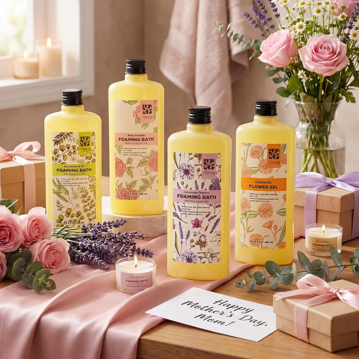 Close up of the four botanical-themed bottles showing rose, lavender, chamomile, and eucalyptus mint variants.