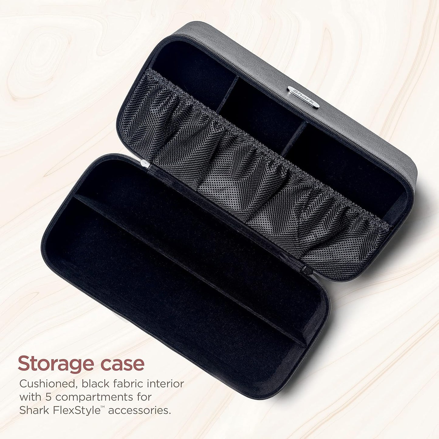 Shark hair styling tool travel bag open view showing five internal compartments