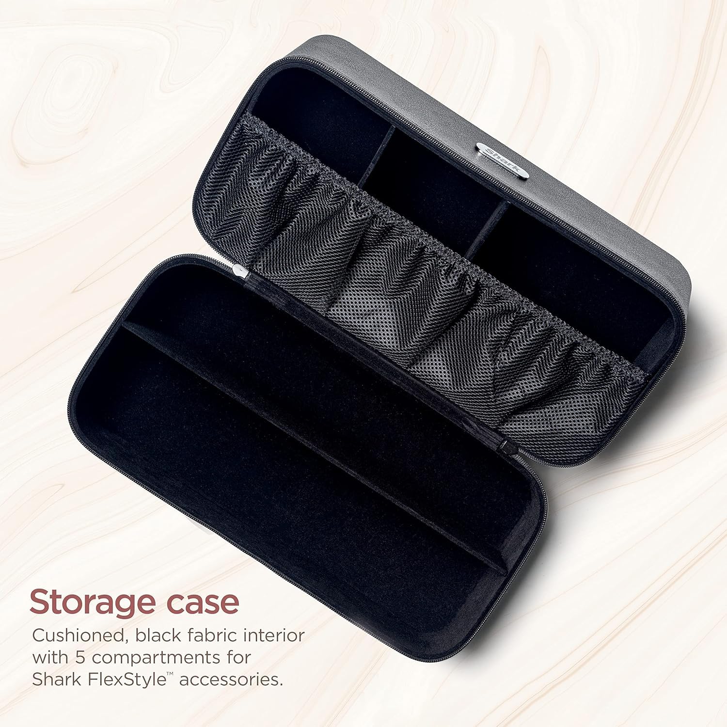Shark hair styling tool travel bag open view showing five internal compartments