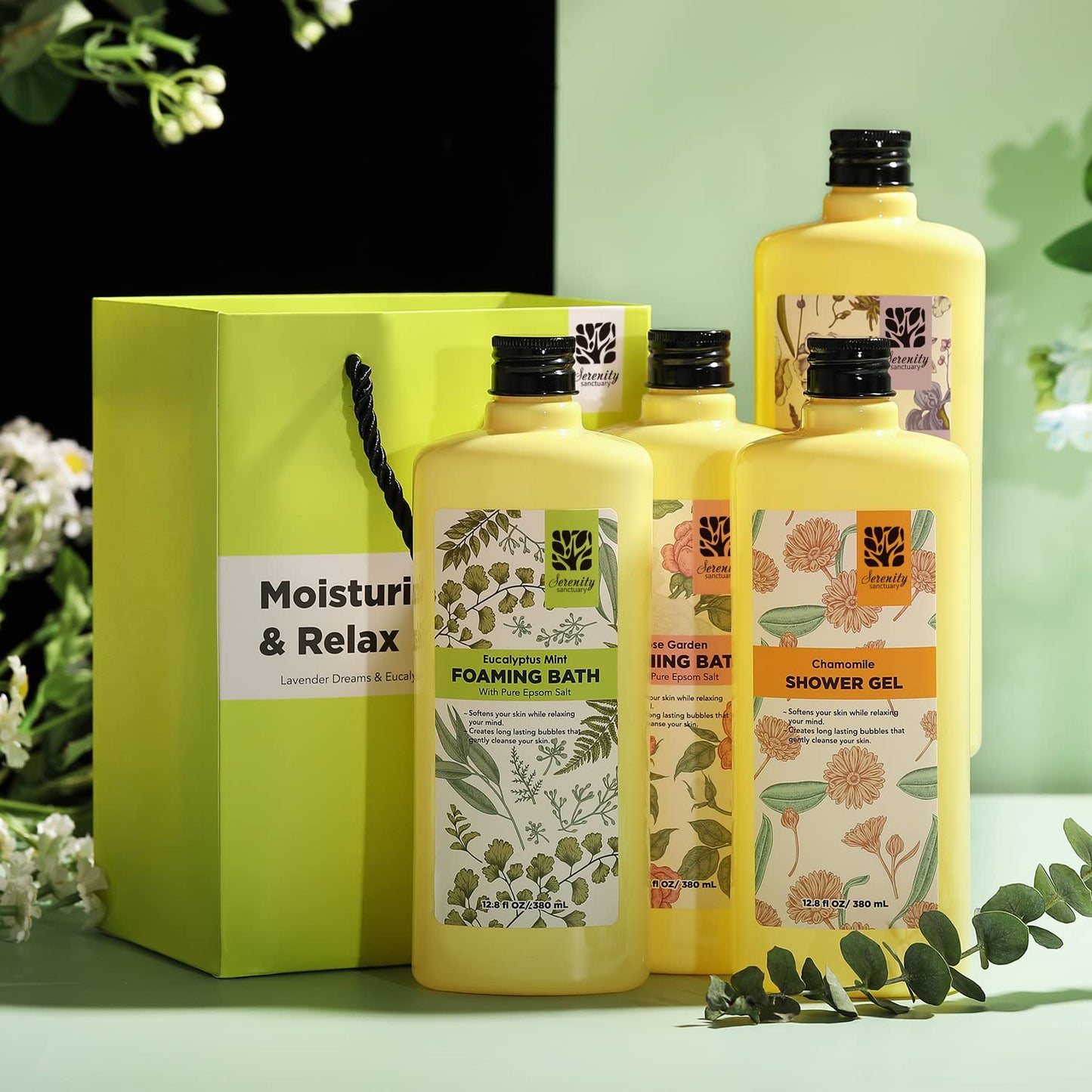 Serenity Sanctuary bath set with botanical illustration packaging