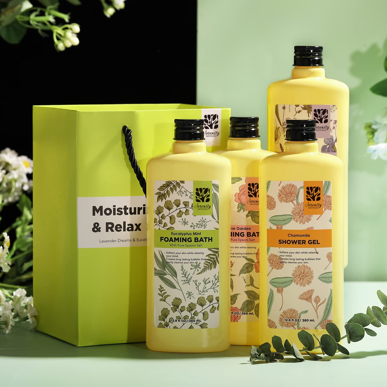 Serenity Sanctuary bath set with botanical illustration packaging