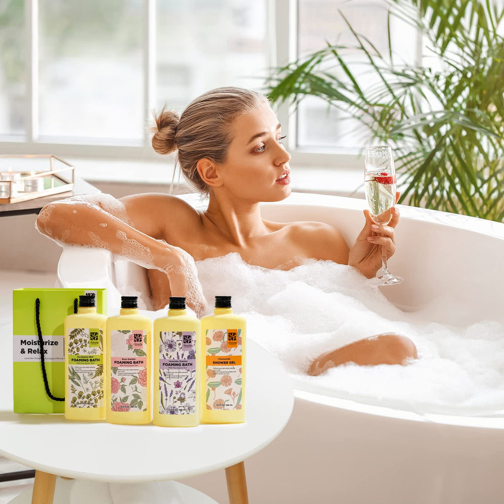Overhead arrangement of the foaming bath and shower gel bottles showcasing the complete set.